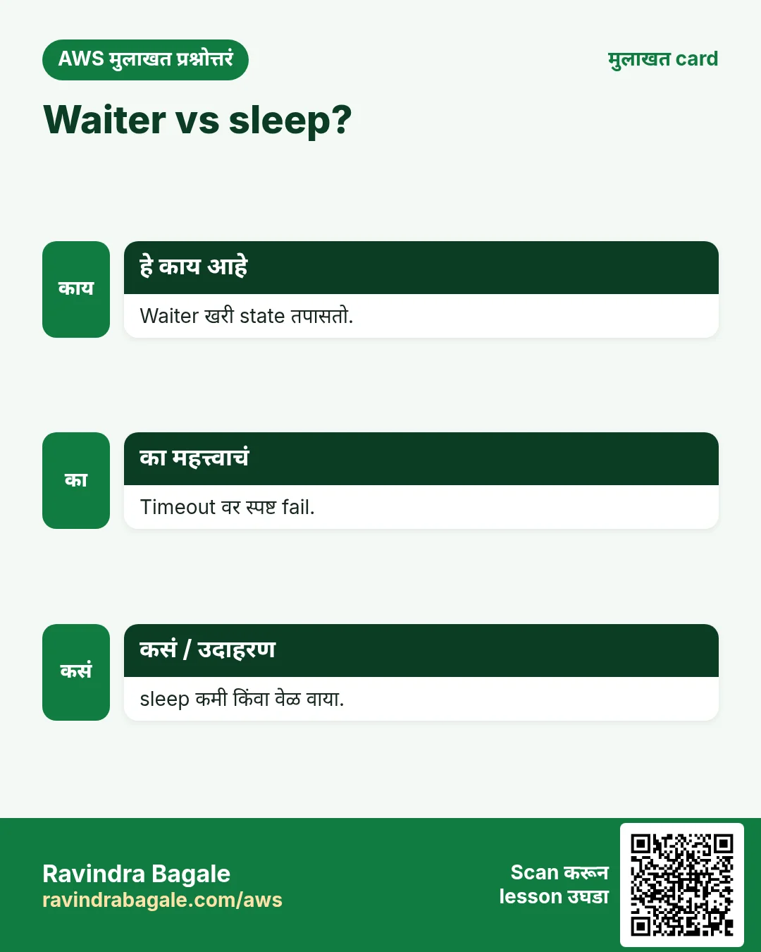 Waiter vs sleep?. Waiter खरी state तपासतो. Timeout वर स्पष्ट fail. sleep कमी किंवा वेळ वाया.