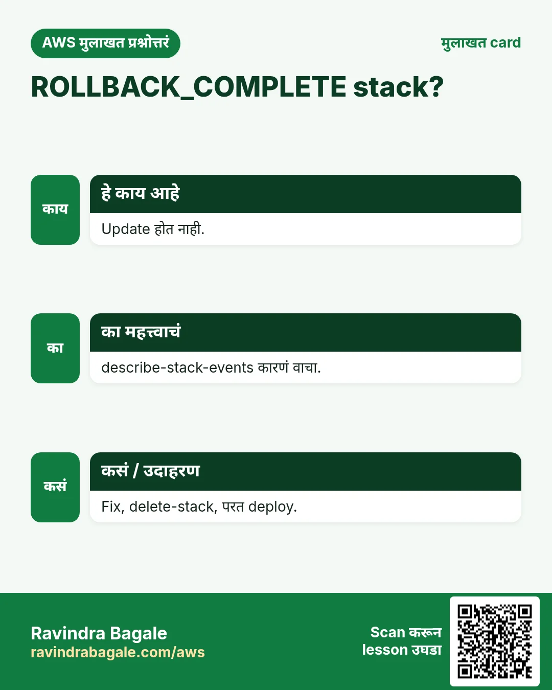 ROLLBACK_COMPLETE stack?. Update होत नाही. describe-stack-events कारणं वाचा. Fix, delete-stack, परत deploy.