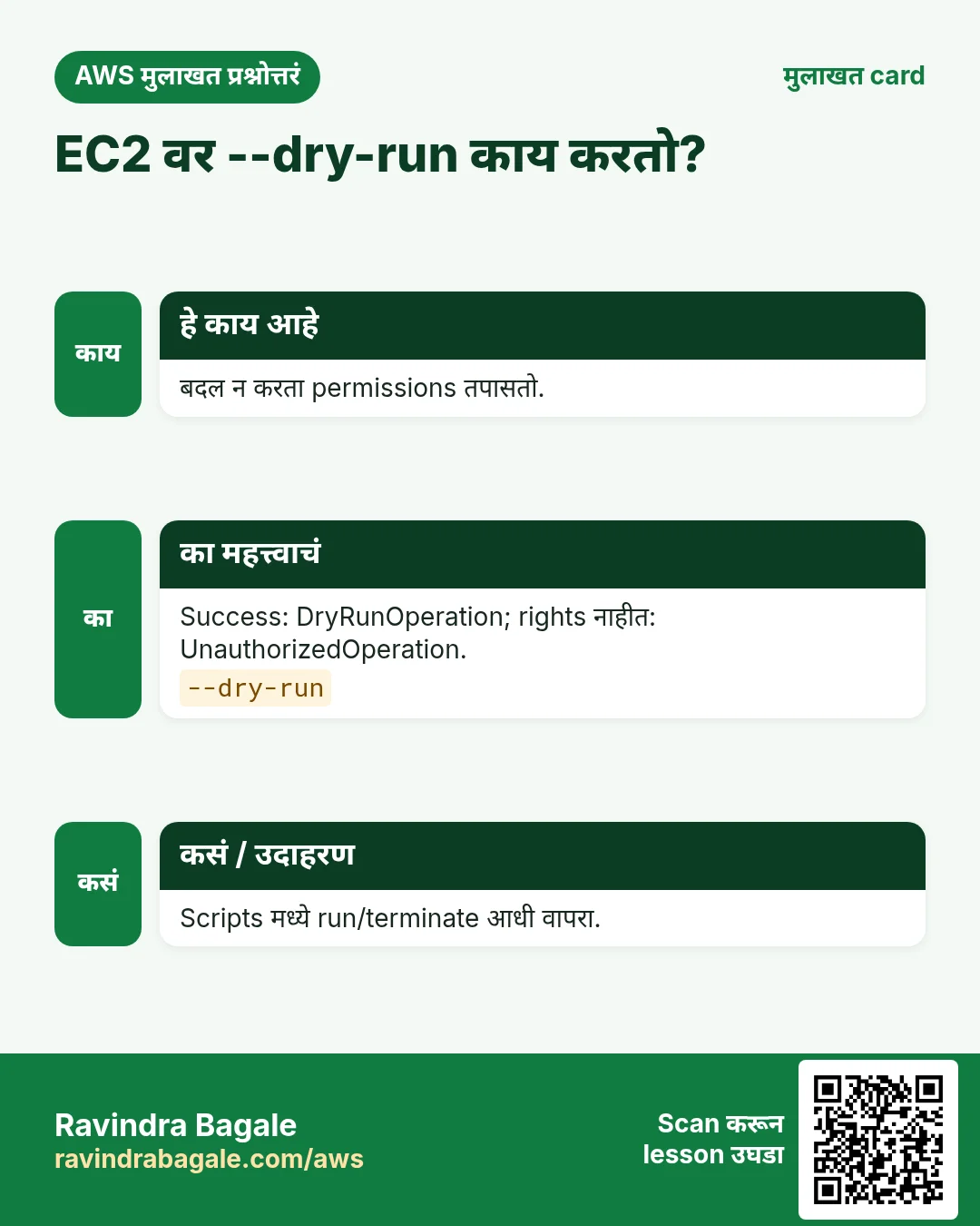 EC2 वर --dry-run काय करतो?. बदल न करता permissions तपासतो. Success: DryRunOperation; rights नाहीत: UnauthorizedOperation. Scripts मध्ये run/terminate आधी वापरा.