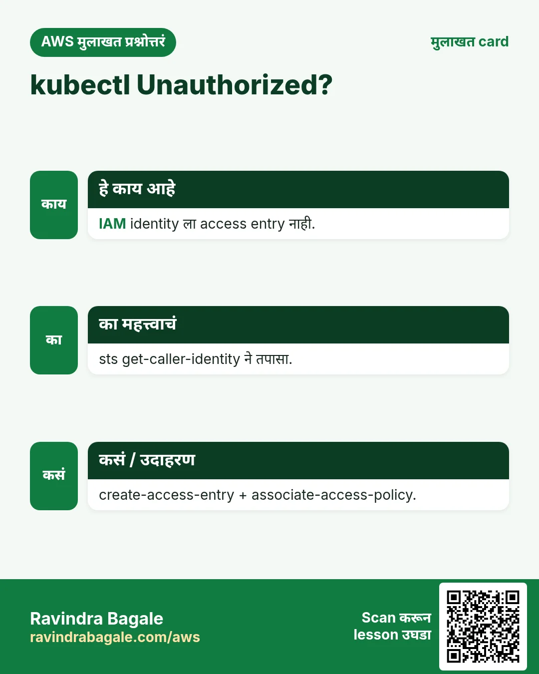 kubectl Unauthorized?. IAM identity ला access entry नाही. sts get-caller-identity ने तपासा. create-access-entry + associate-access-policy.