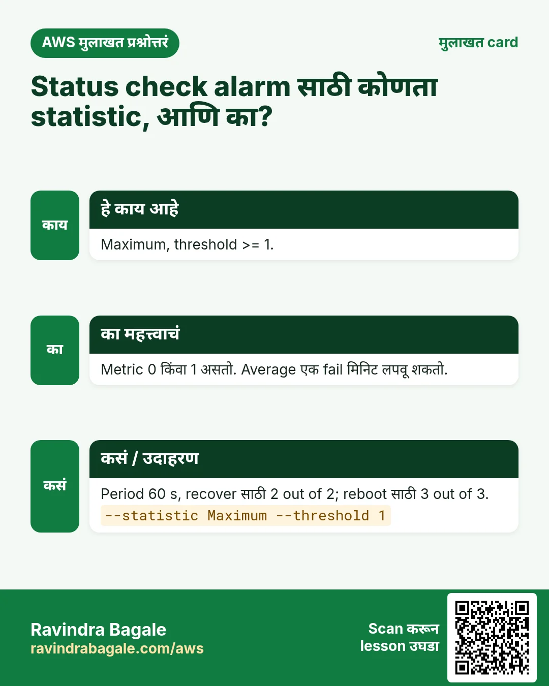 मुलाखत card: Status check alarm साठी कोणता statistic, आणि का?. Maximum, threshold >= 1. Metric 0 किंवा 1 असतो. Average एक fail मिनिट लपवू शकतो. Period 60 s, recover साठी 2 out of 2; reboot साठी 3 out of 3.