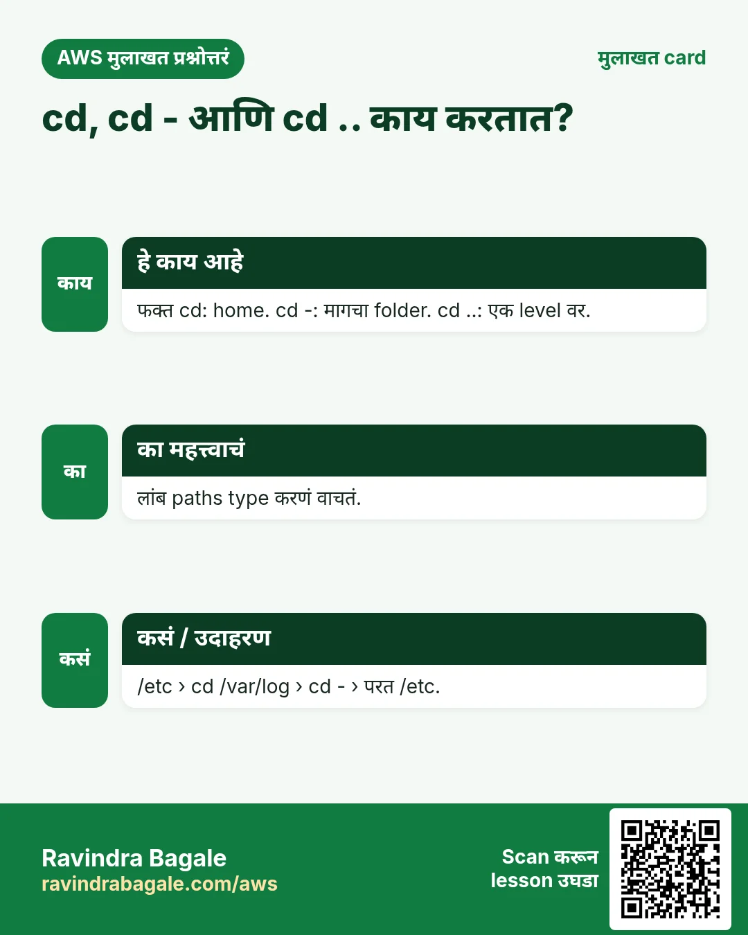 मुलाखत card: cd, cd - आणि cd .. काय करतात?. फक्त cd: home. cd -: मागचा folder. cd ..: एक level वर. लांब paths type करणं वाचतं. /etc › cd /var/log › cd - › परत /etc.