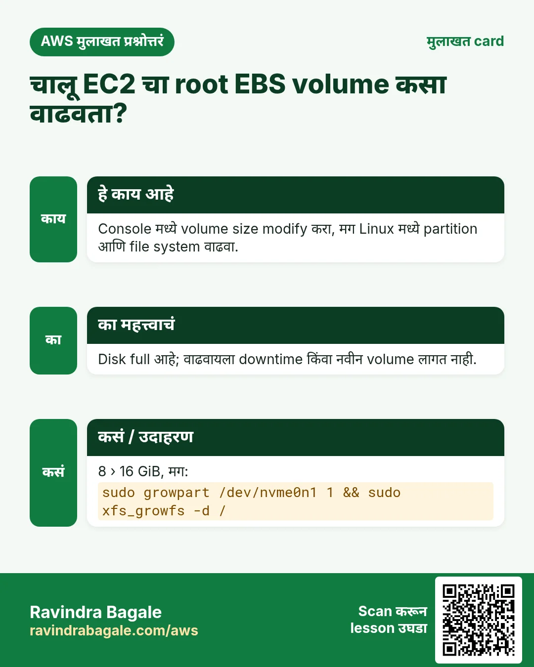 मुलाखत card: चालू EC2 चा root EBS volume कसा वाढवता?. Console मध्ये volume size modify करा, मग Linux मध्ये partition आणि file system वाढवा. Disk full आहे; वाढवायला downtime किंवा नवीन volume लागत नाही. 8 › 16 GiB, मग: