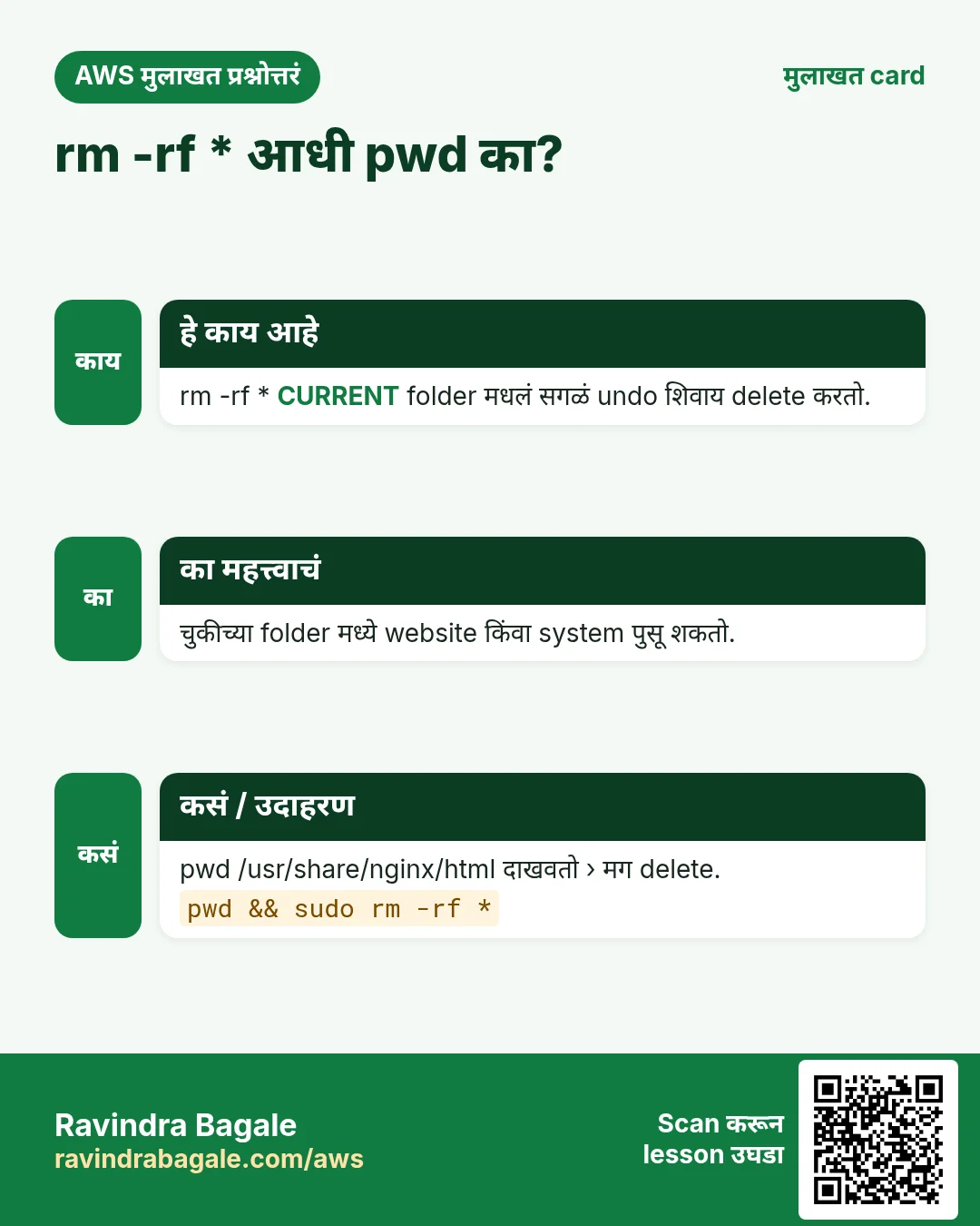 मुलाखत card: rm -rf * आधी pwd का?. rm -rf * CURRENT folder मधलं सगळं undo शिवाय delete करतो. चुकीच्या folder मध्ये website किंवा system पुसू शकतो. pwd /usr/share/nginx/html दाखवतो › मग delete.