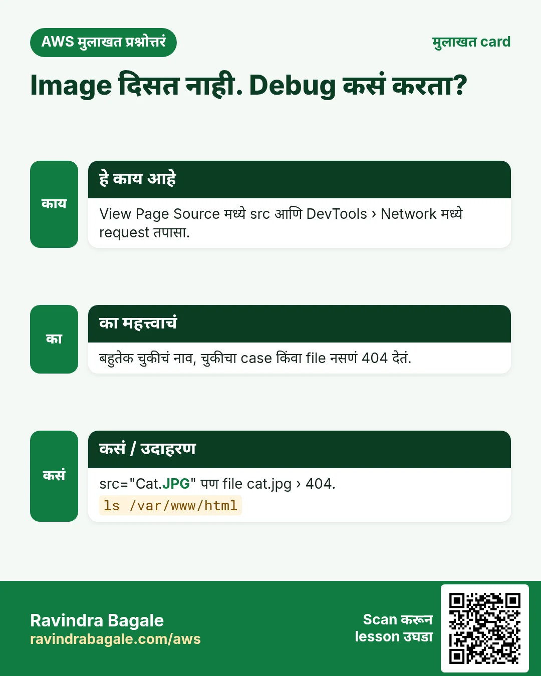 मुलाखत card: Image दिसत नाही. Debug कसं करता?. View Page Source मध्ये src आणि DevTools › Network मध्ये request तपासा. बहुतेक चुकीचं नाव, चुकीचा case किंवा file नसणं 404 देतं. src="Cat.JPG" पण file cat.jpg › 404.