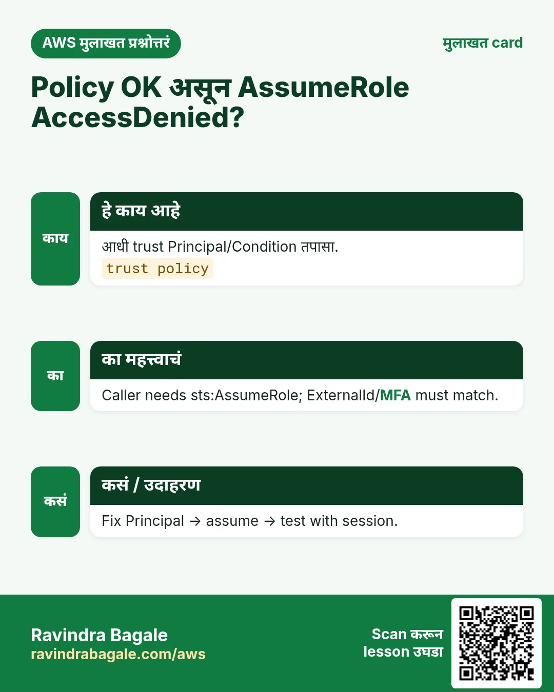 मुलाखत card: Policy OK असून AssumeRole AccessDenied?. आधी trust Principal/Condition तपासा. Caller needs sts:AssumeRole; ExternalId/MFA must match. Fix Principal → assume → test with session.
