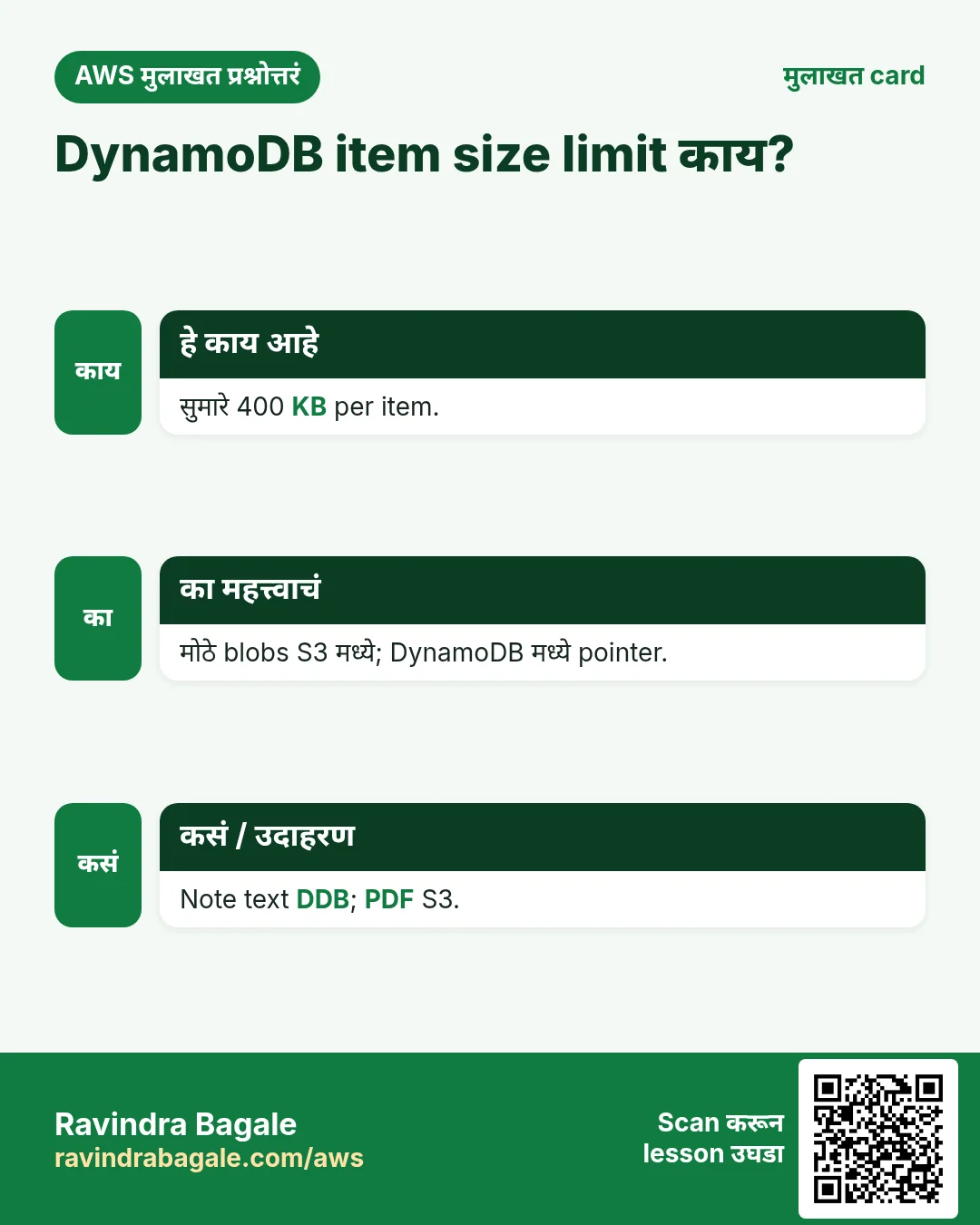 मुलाखत card: DynamoDB item size limit काय?. सुमारे 400 KB per item. मोठे blobs S3 मध्ये; DynamoDB मध्ये pointer. Note text DDB; PDF S3.