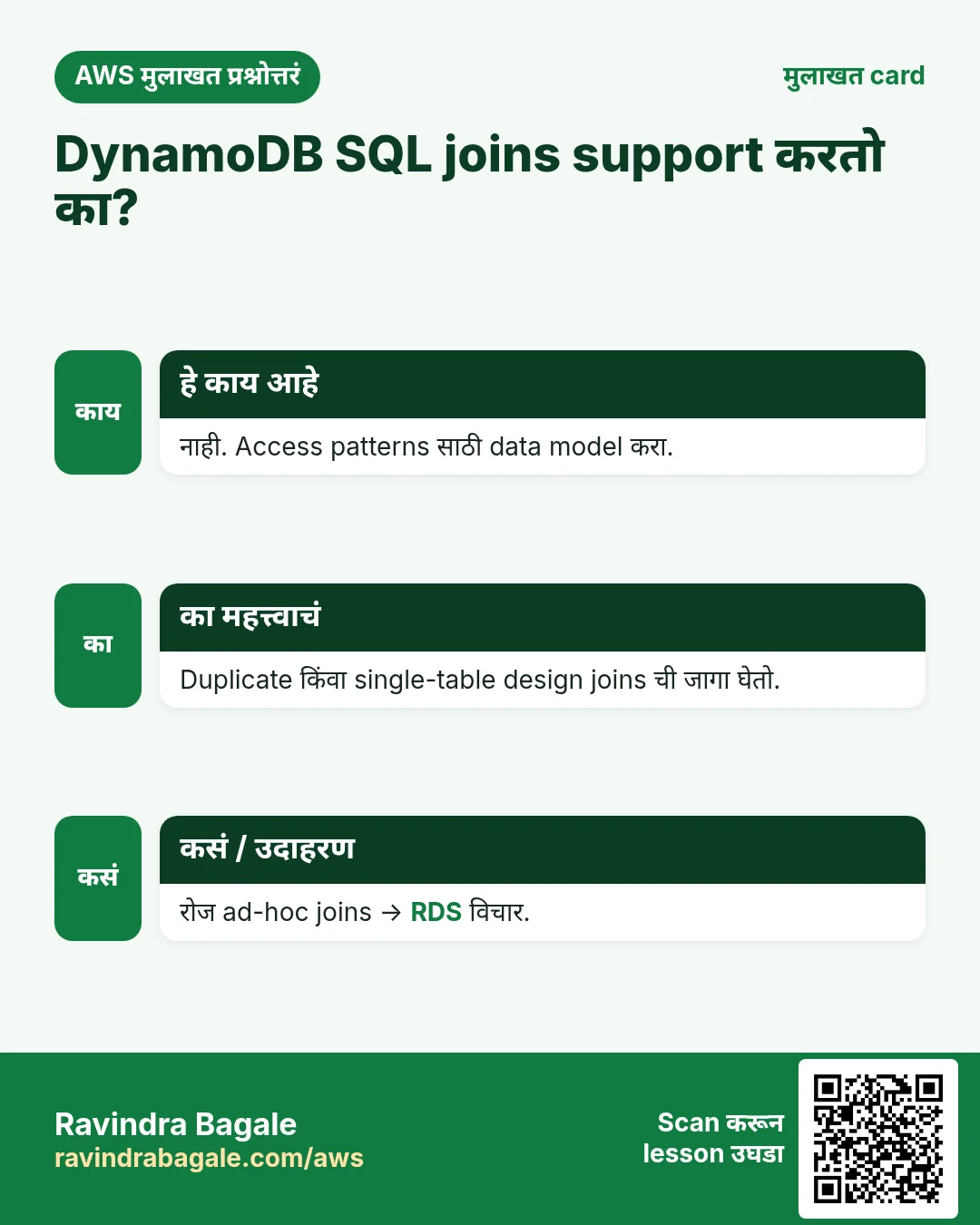 मुलाखत card: DynamoDB SQL joins support करतो का?. नाही. Access patterns साठी data model करा. Duplicate किंवा single-table design joins ची जागा घेतो. रोज ad-hoc joins → RDS विचार.