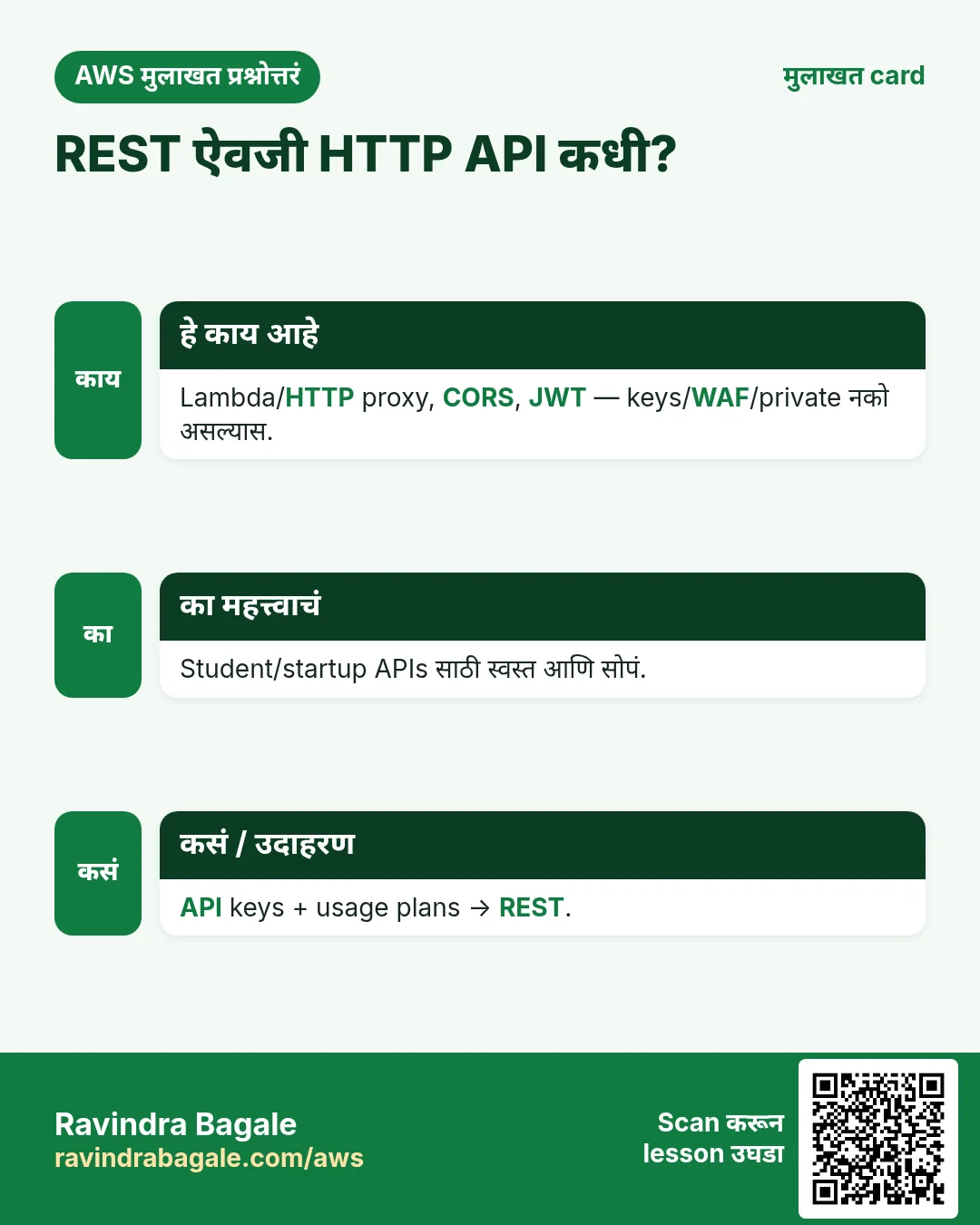मुलाखत card: REST ऐवजी HTTP API कधी?. Lambda/HTTP proxy, CORS, JWT — keys/WAF/private नको असल्यास. Student/startup APIs साठी स्वस्त आणि सोपं. API keys + usage plans → REST.