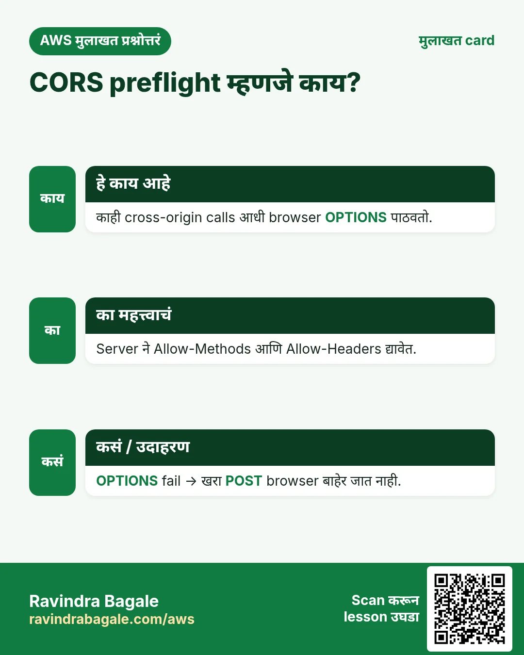 मुलाखत card: CORS preflight म्हणजे काय?. काही cross-origin calls आधी browser OPTIONS पाठवतो. Server ने Allow-Methods आणि Allow-Headers द्यावेत. OPTIONS fail → खरा POST browser बाहेर जात नाही.