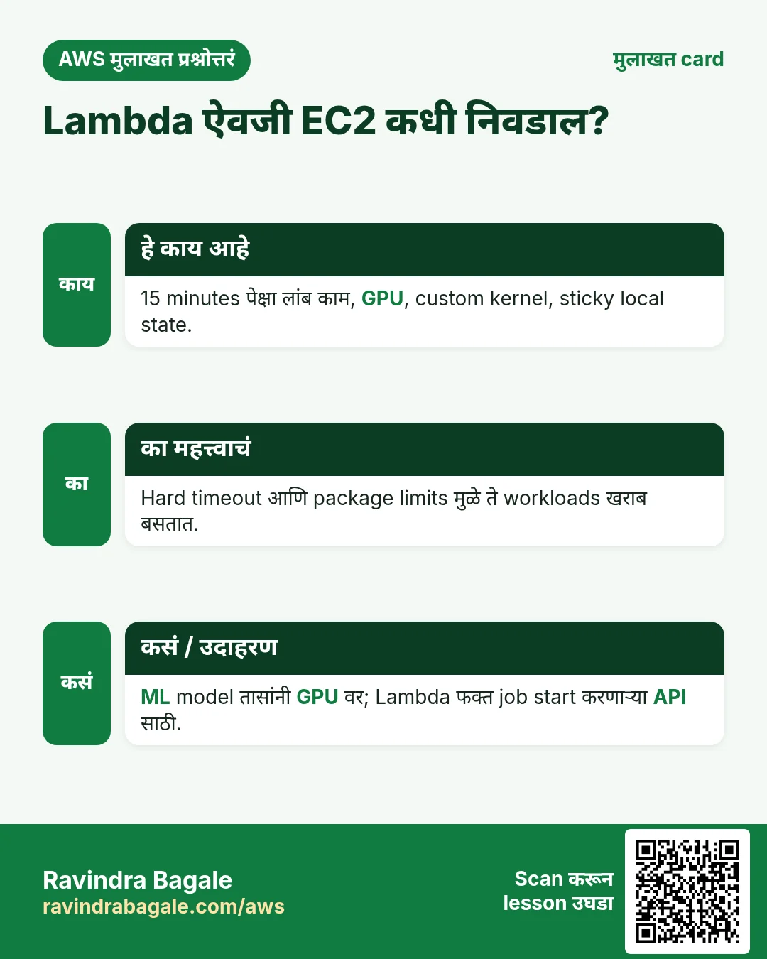 मुलाखत card: Lambda ऐवजी EC2 कधी निवडाल?. 15 minutes पेक्षा लांब काम, GPU, custom kernel, sticky local state. Hard timeout आणि package limits मुळे ते workloads खराब बसतात. ML model तासांनी GPU वर; Lambda फक्त job start करणाऱ्या API साठी.