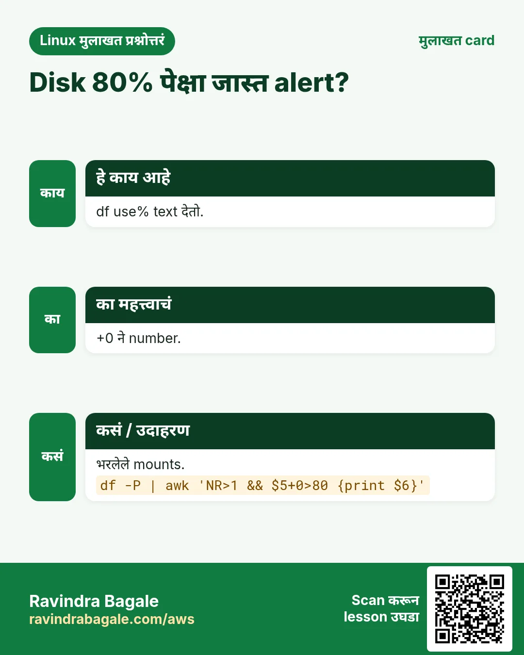 Disk 80% पेक्षा जास्त alert?. df use% text देतो. +0 ने number. भरलेले mounts.