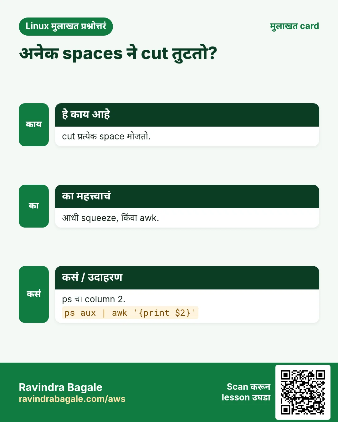 अनेक spaces ने cut तुटतो?. cut प्रत्येक space मोजतो. आधी squeeze, किंवा awk. ps चा column 2.