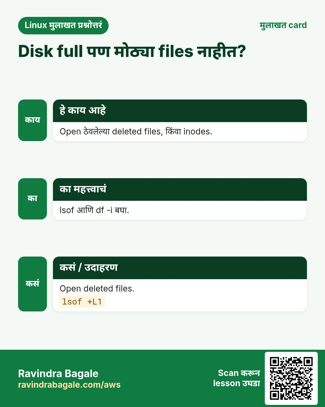 Disk full पण मोठ्या files नाहीत?. Open ठेवलेल्या deleted files, किंवा inodes. lsof आणि df -i बघा. Open deleted files.