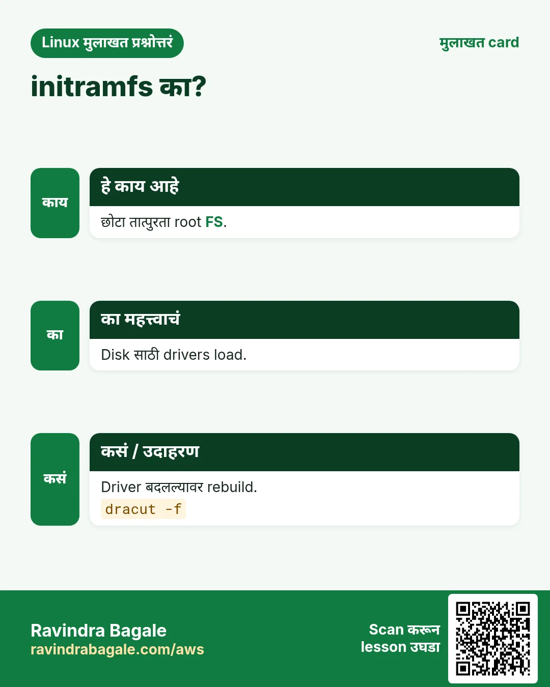 initramfs का?. छोटा तात्पुरता root FS. Disk साठी drivers load. Driver बदलल्यावर rebuild.
