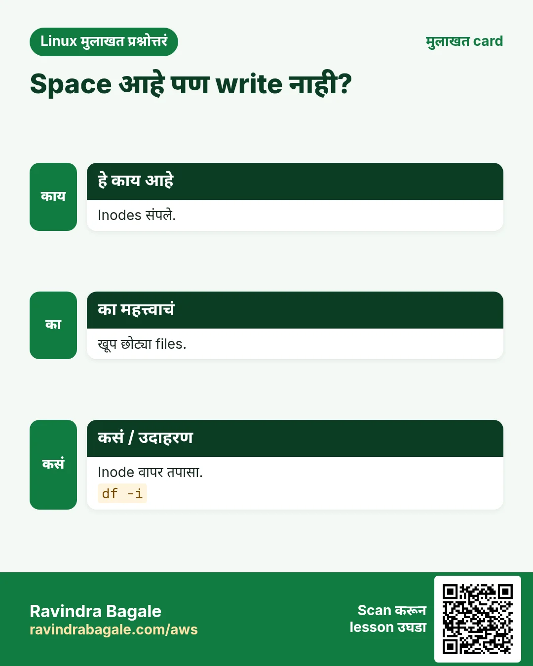 Space आहे पण write नाही?. Inodes संपले. खूप छोट्या files. Inode वापर तपासा.