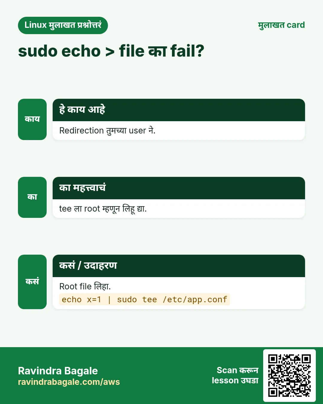 sudo echo > file का fail?. Redirection तुमच्या user ने. tee ला root म्हणून लिहू द्या. Root file लिहा.