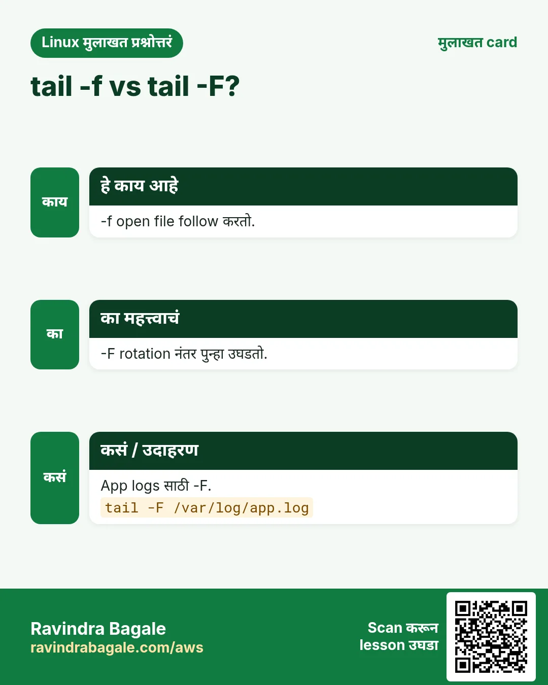 tail -f vs tail -F?. -f open file follow करतो. -F rotation नंतर पुन्हा उघडतो. App logs साठी -F.