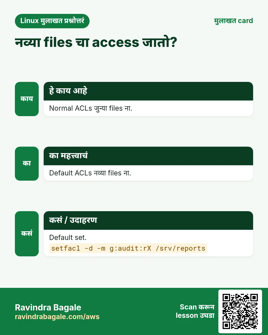 नव्या files चा access जातो?. Normal ACLs जुन्या files ना. Default ACLs नव्या files ना. Default set.