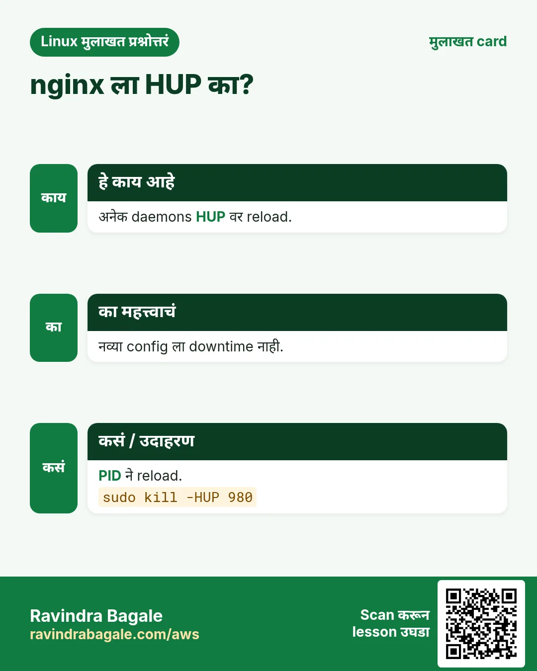 nginx ला HUP का?. अनेक daemons HUP वर reload. नव्या config ला downtime नाही. PID ने reload.