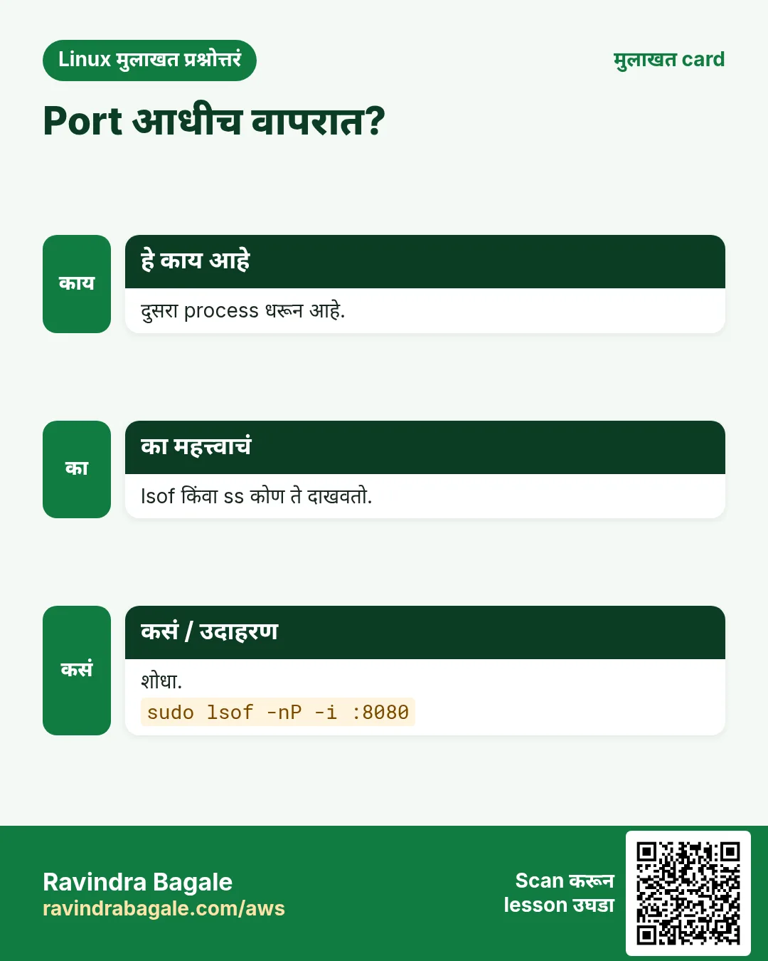 Port आधीच वापरात?. दुसरा process धरून आहे. lsof किंवा ss कोण ते दाखवतो. शोधा.