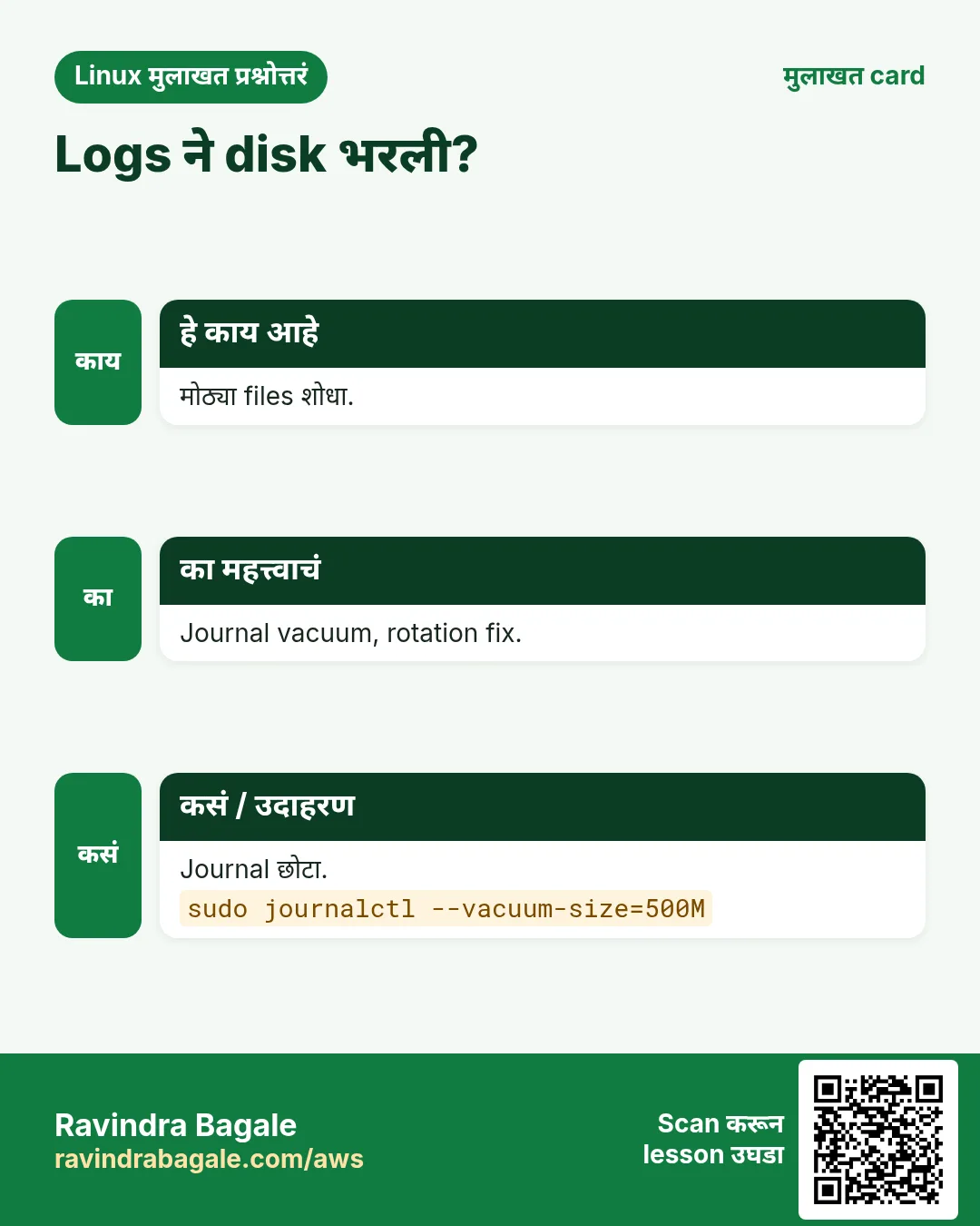Logs ने disk भरली?. मोठ्या files शोधा. Journal vacuum, rotation fix. Journal छोटा.