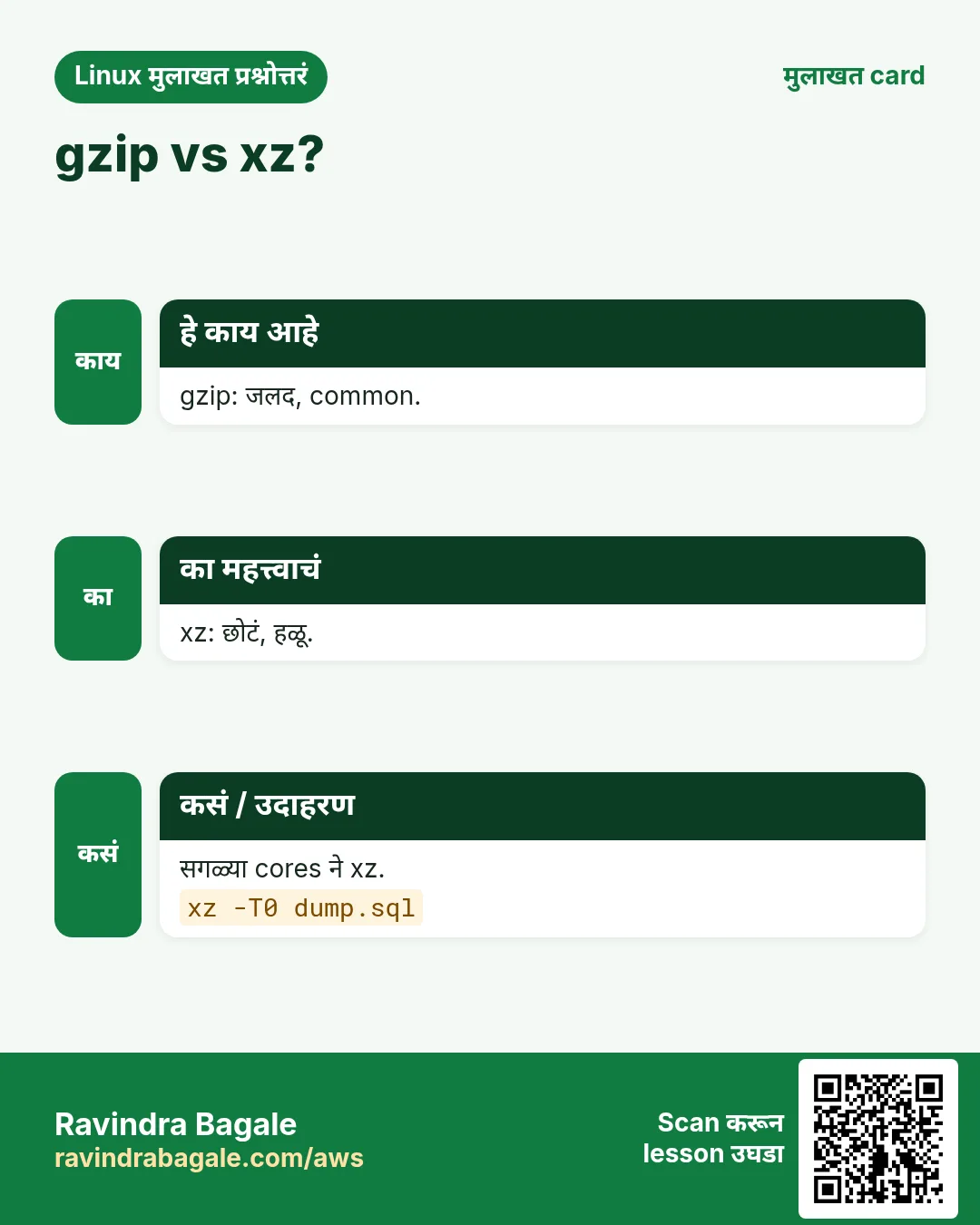 gzip vs xz?. gzip: जलद, common. xz: छोटं, हळू. सगळ्या cores ने xz.