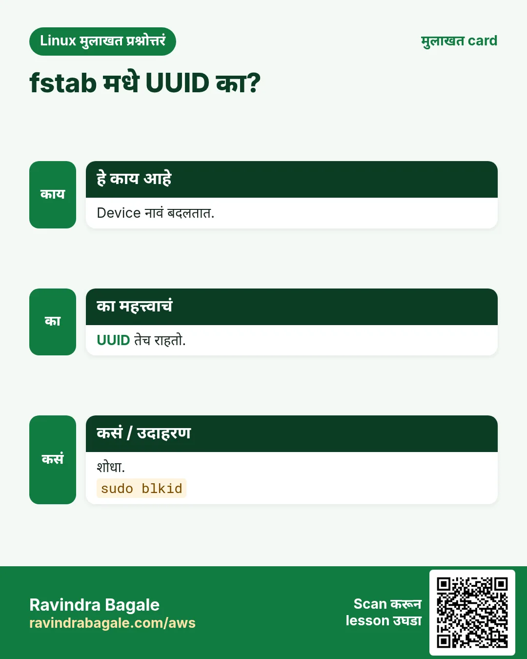 fstab मधे UUID का?. Device नावं बदलतात. UUID तेच राहतो. शोधा.