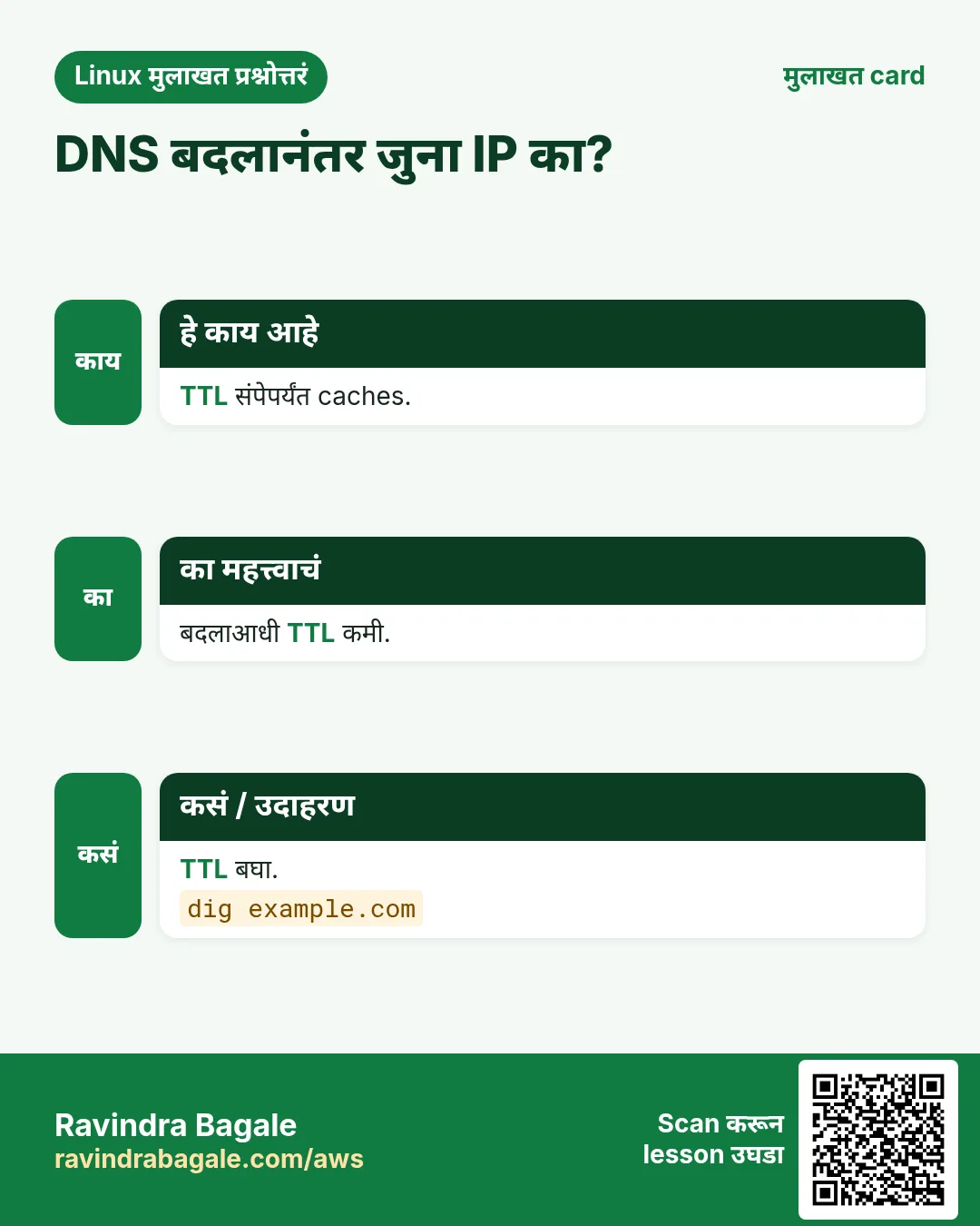 DNS बदलानंतर जुना IP का?. TTL संपेपर्यंत caches. बदलाआधी TTL कमी. TTL बघा.