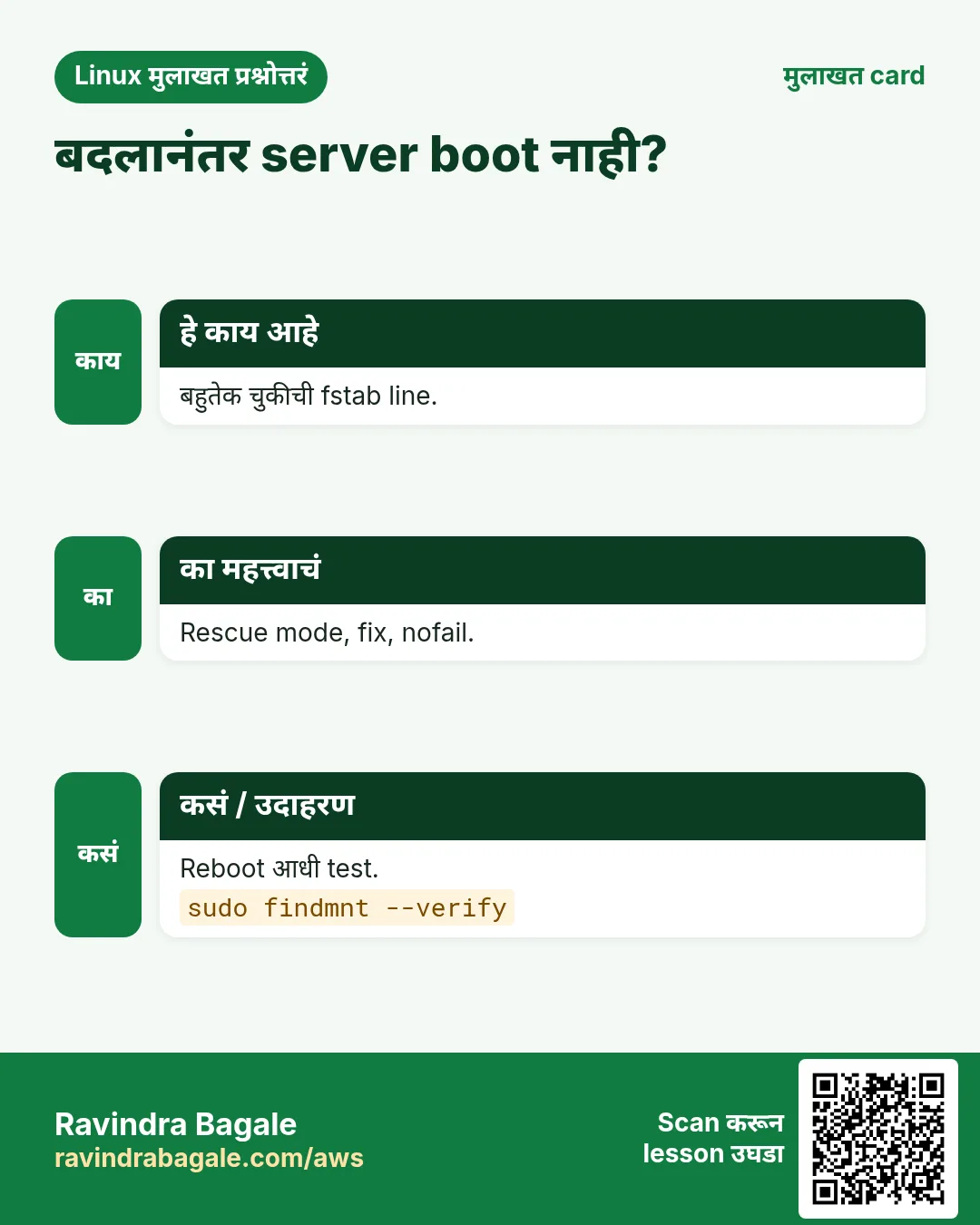 बदलानंतर server boot नाही?. बहुतेक चुकीची fstab line. Rescue mode, fix, nofail. Reboot आधी test.