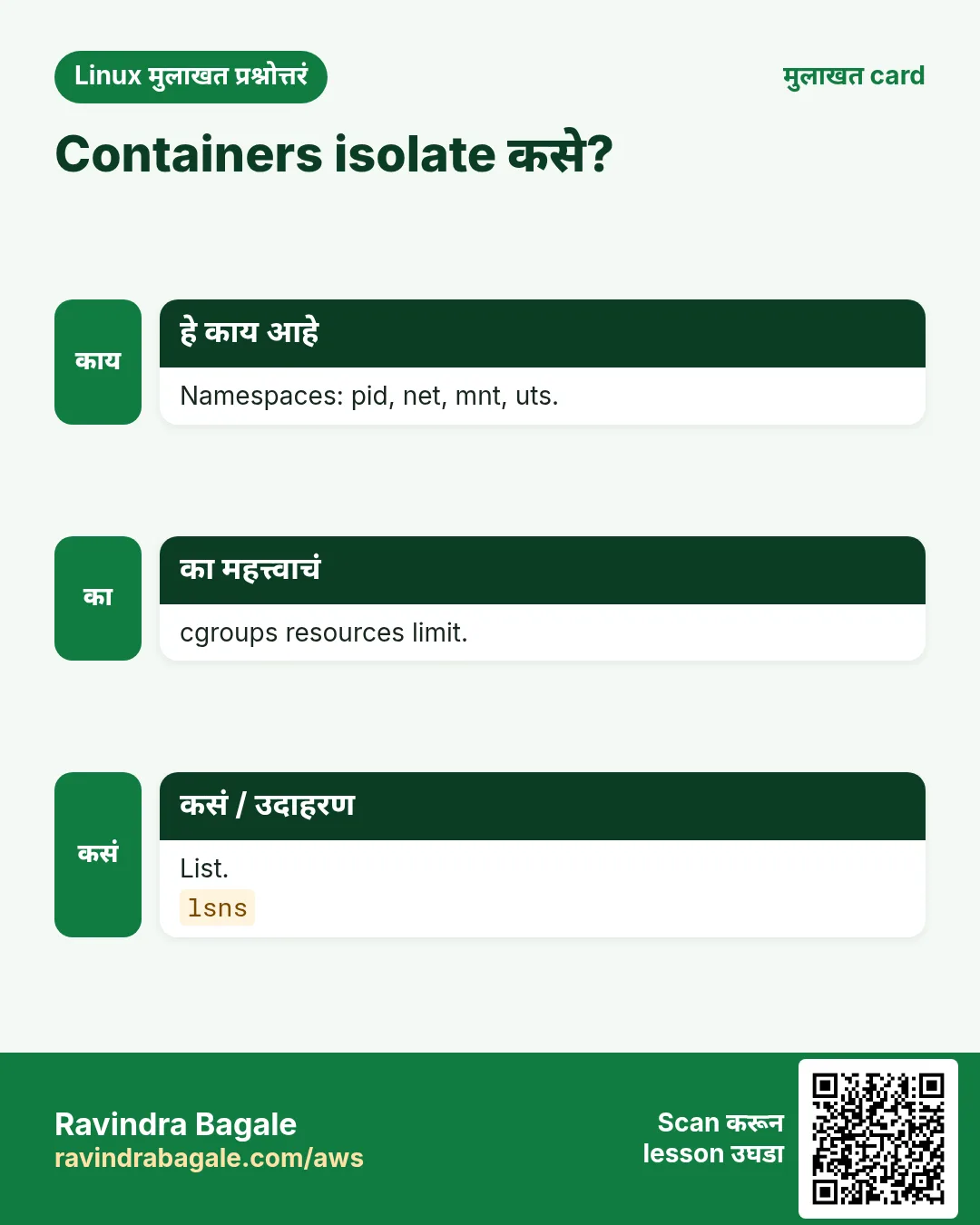 Containers isolate कसे?. Namespaces: pid, net, mnt, uts. cgroups resources limit. List.