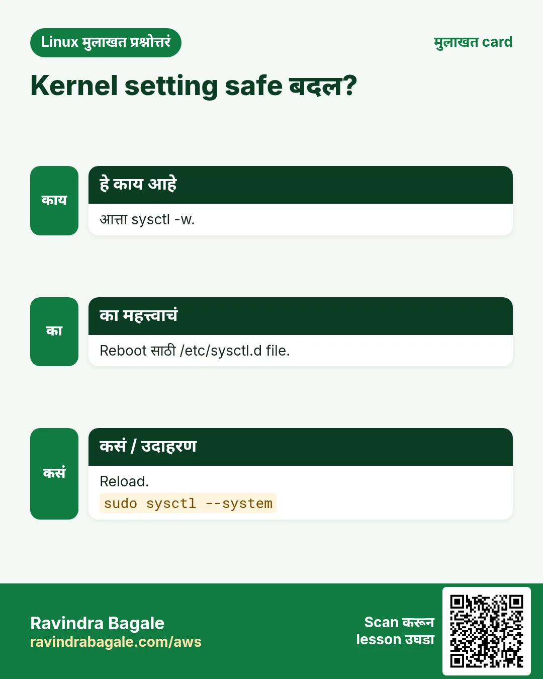 Kernel setting safe बदल?. आत्ता sysctl -w. Reboot साठी /etc/sysctl.d file. Reload.