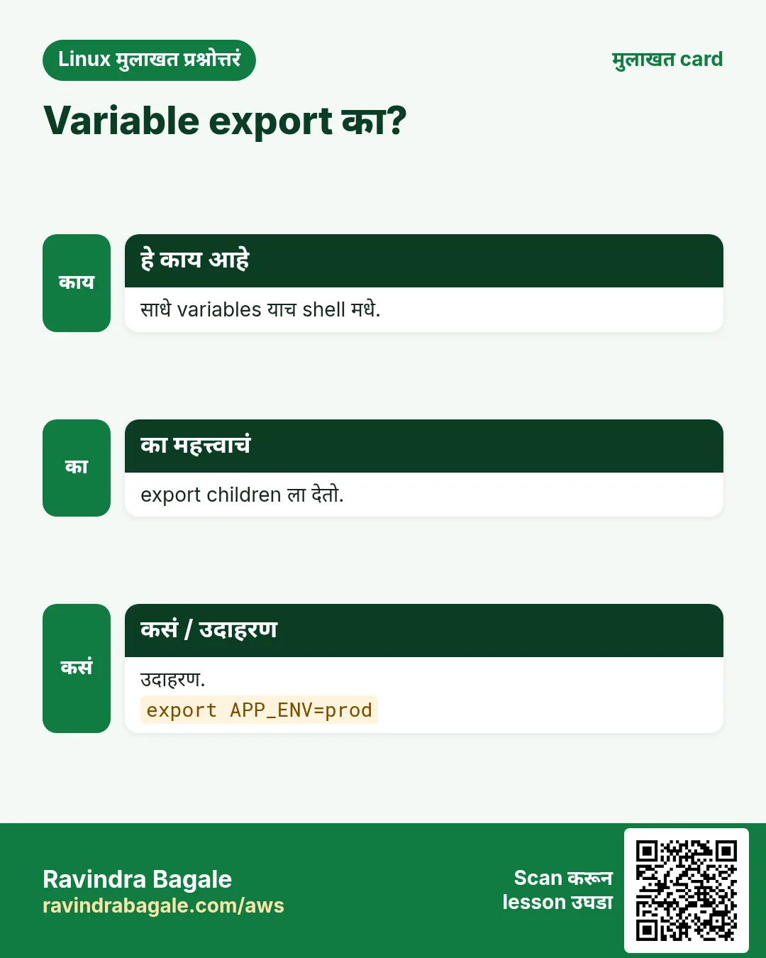 Variable export का?. साधे variables याच shell मधे. export children ला देतो. उदाहरण.