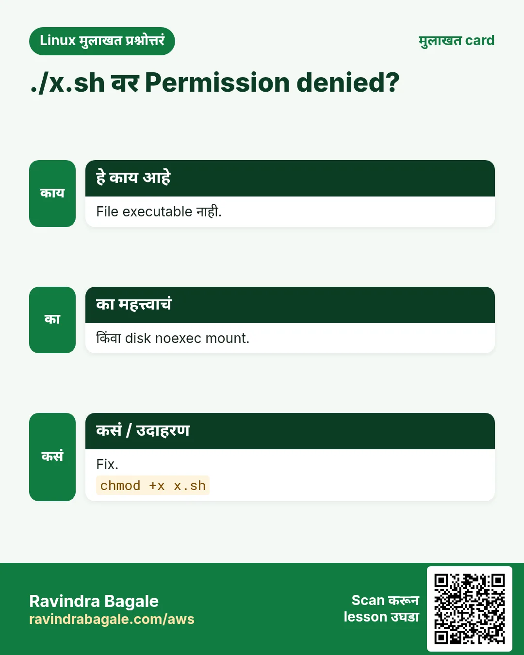 ./x.sh वर Permission denied?. File executable नाही. किंवा disk noexec mount. Fix.