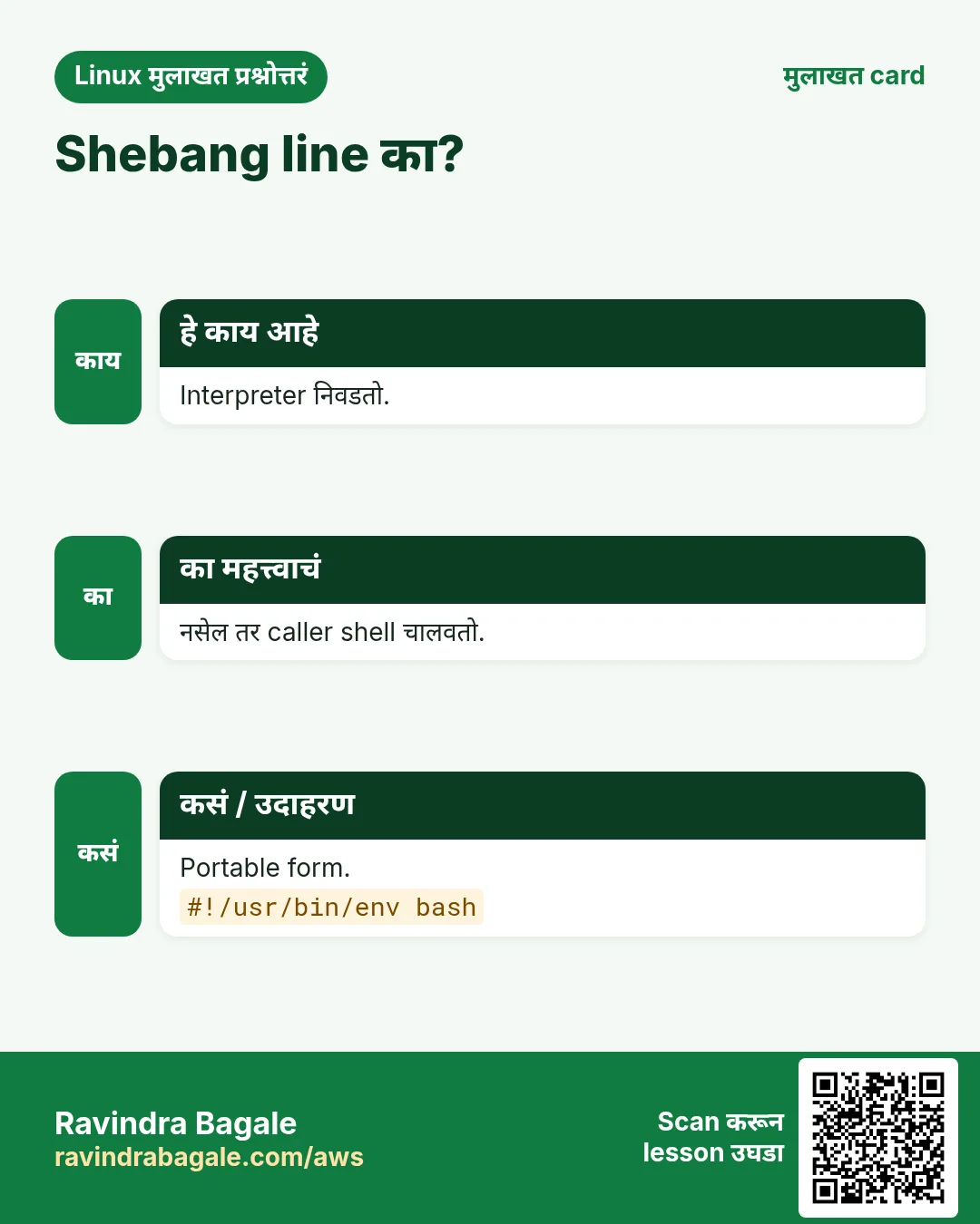 Shebang line का?. Interpreter निवडतो. नसेल तर caller shell चालवतो. Portable form.