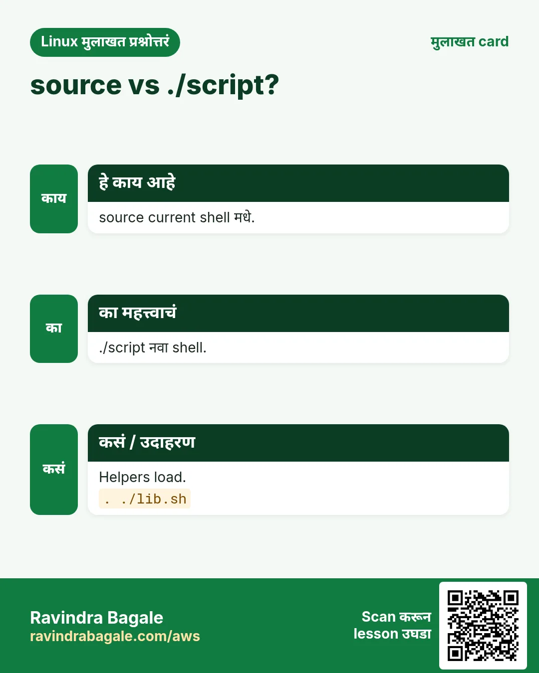 source vs ./script?. source current shell मधे. ./script नवा shell. Helpers load.
