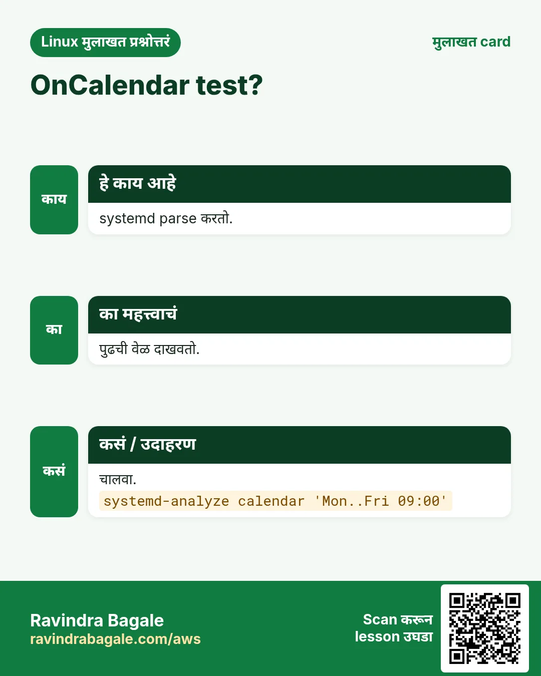OnCalendar test?. systemd parse करतो. पुढची वेळ दाखवतो. चालवा.