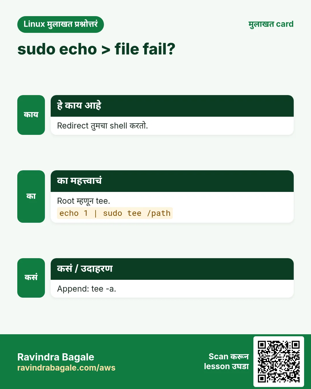 sudo echo > file fail?. Redirect तुमचा shell करतो. Root म्हणून tee. Append: tee -a.