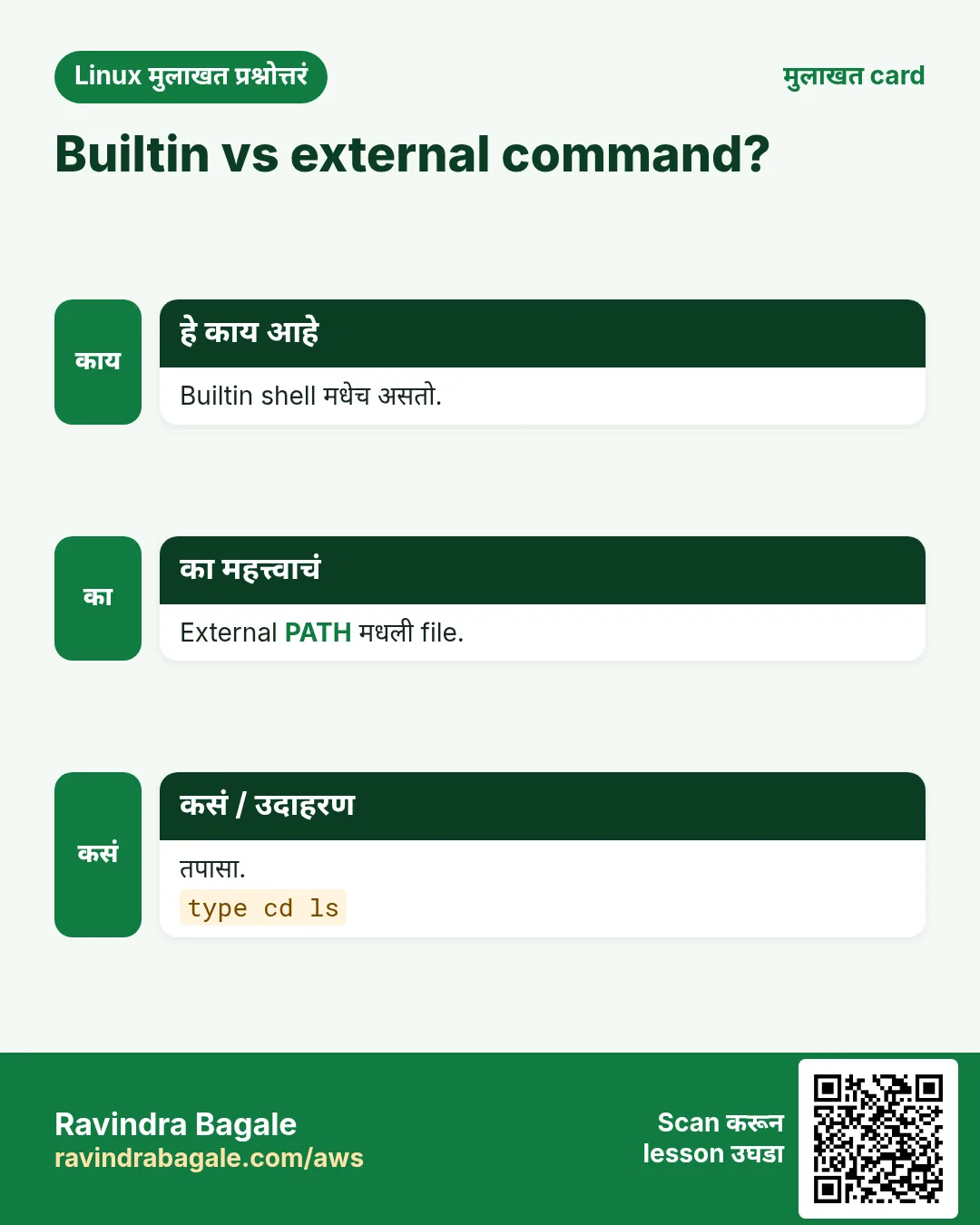 Builtin vs external command?. Builtin shell मधेच असतो. External PATH मधली file. तपासा.