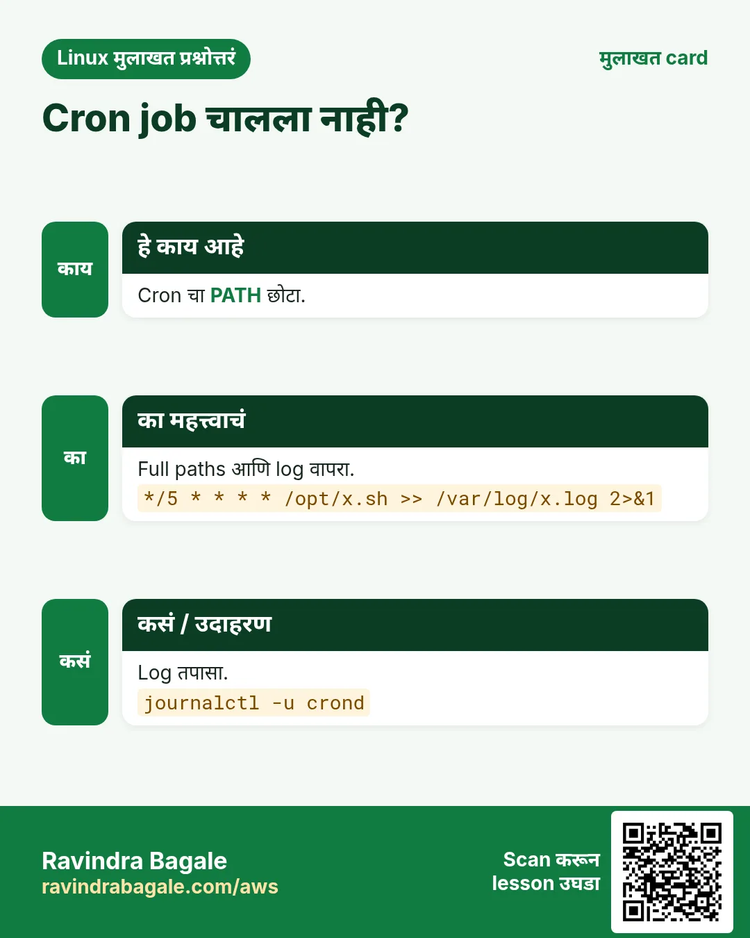 Cron job चालला नाही?. Cron चा PATH छोटा. Full paths आणि log वापरा. Log तपासा.