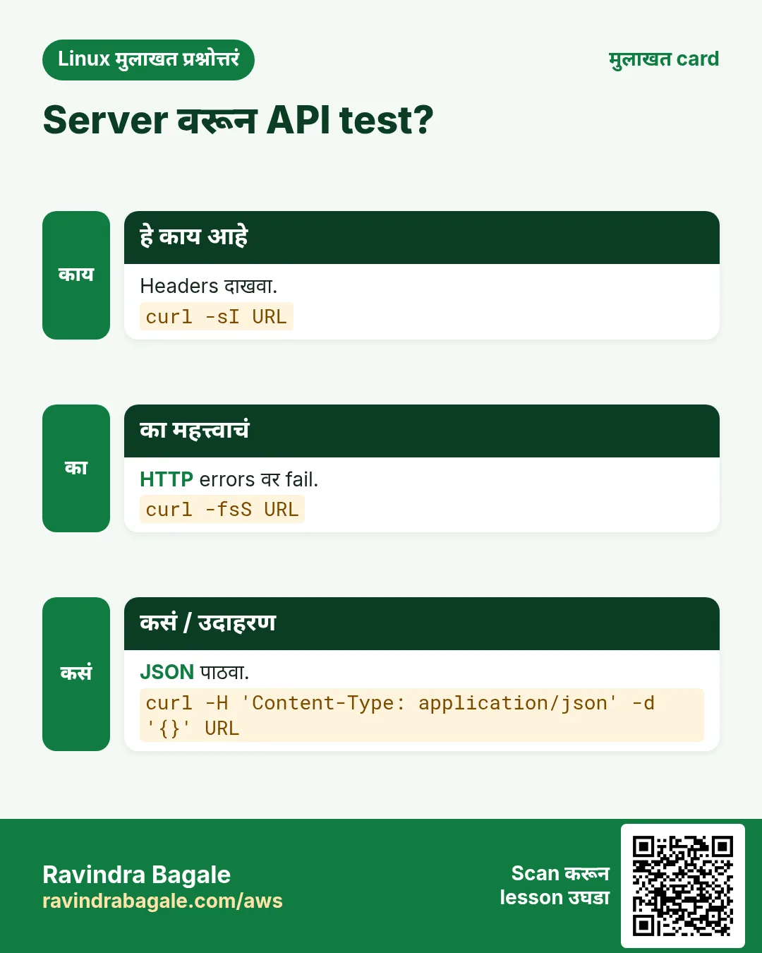Server वरून API test?. Headers दाखवा. HTTP errors वर fail. JSON पाठवा.