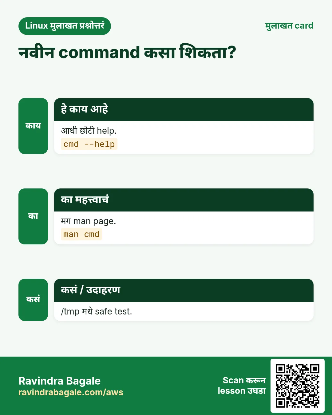 नवीन command कसा शिकता?. आधी छोटी help. मग man page. /tmp मधे safe test.