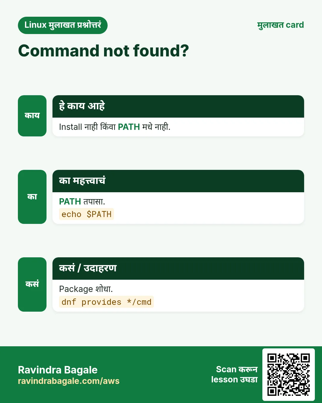 Command not found?. Install नाही किंवा PATH मधे नाही. PATH तपासा. Package शोधा.