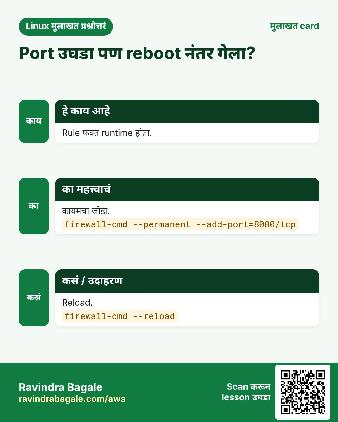 Port उघडा पण reboot नंतर गेला?. Rule फक्त runtime होता. कायमचा जोडा. Reload.