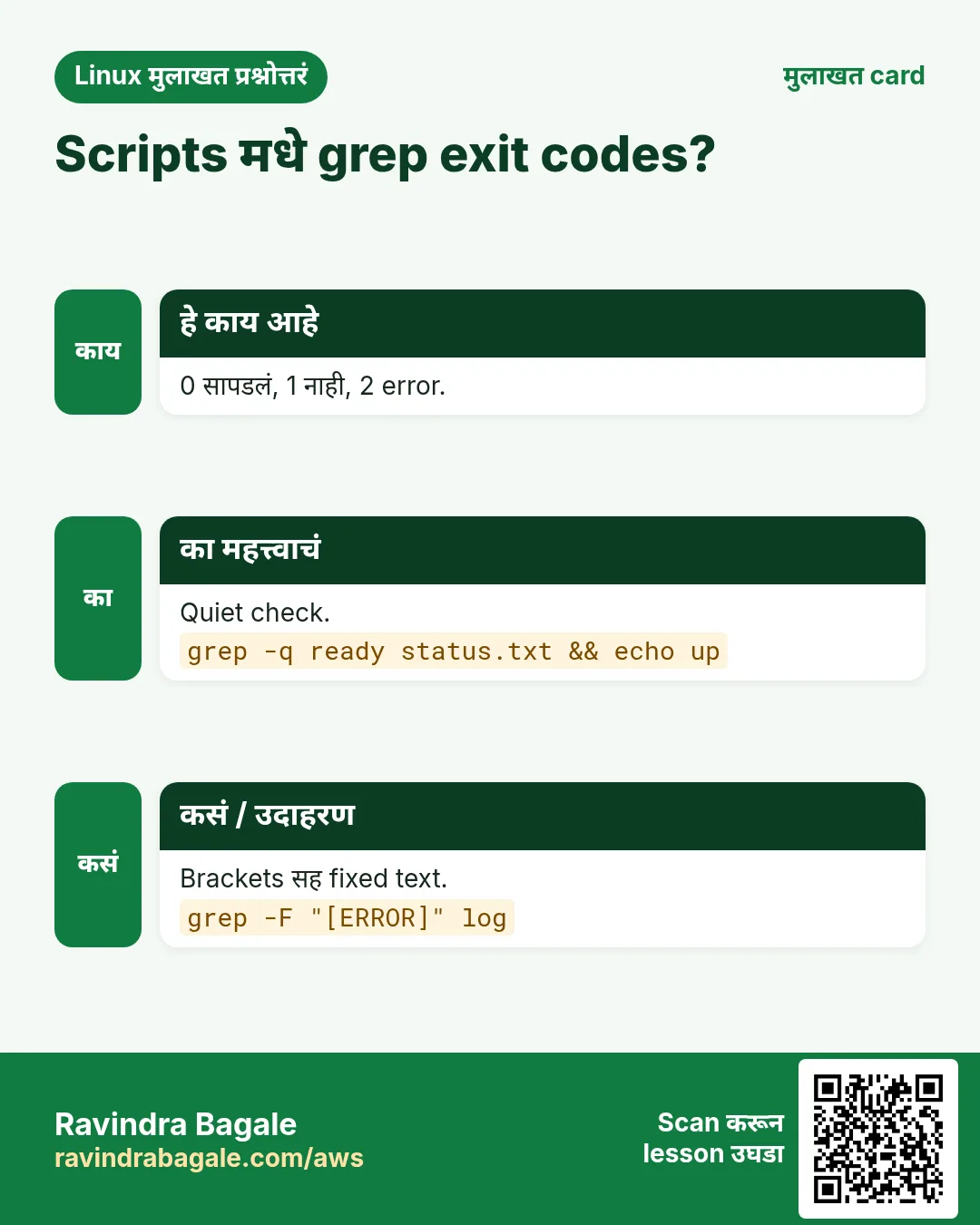 Scripts मधे grep exit codes?. 0 सापडलं, 1 नाही, 2 error. Quiet check. Brackets सह fixed text.