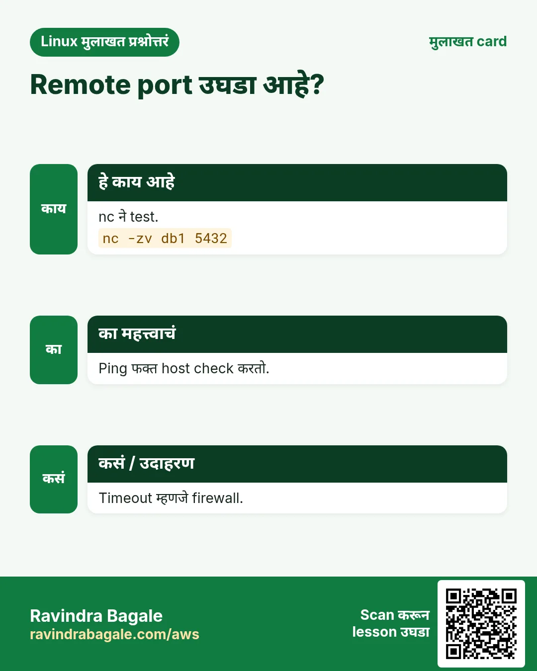 Remote port उघडा आहे?. nc ने test. Ping फक्त host check करतो. Timeout म्हणजे firewall.
