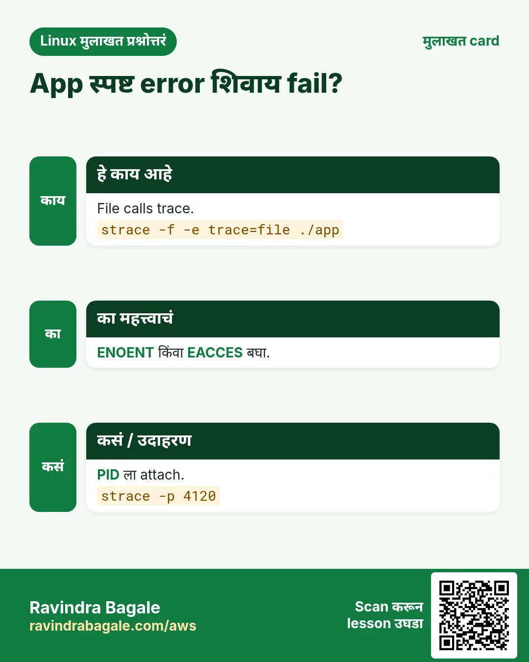 App स्पष्ट error शिवाय fail?. File calls trace. ENOENT किंवा EACCES बघा. PID ला attach.