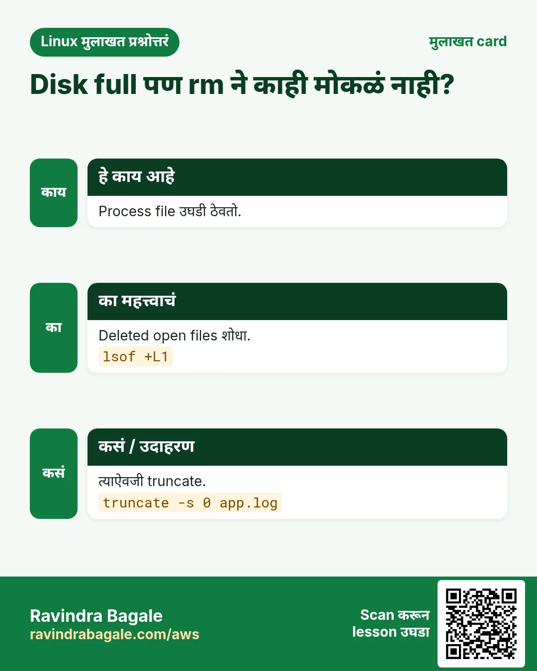 Disk full पण rm ने काही मोकळं नाही?. Process file उघडी ठेवतो. Deleted open files शोधा. त्याऐवजी truncate.