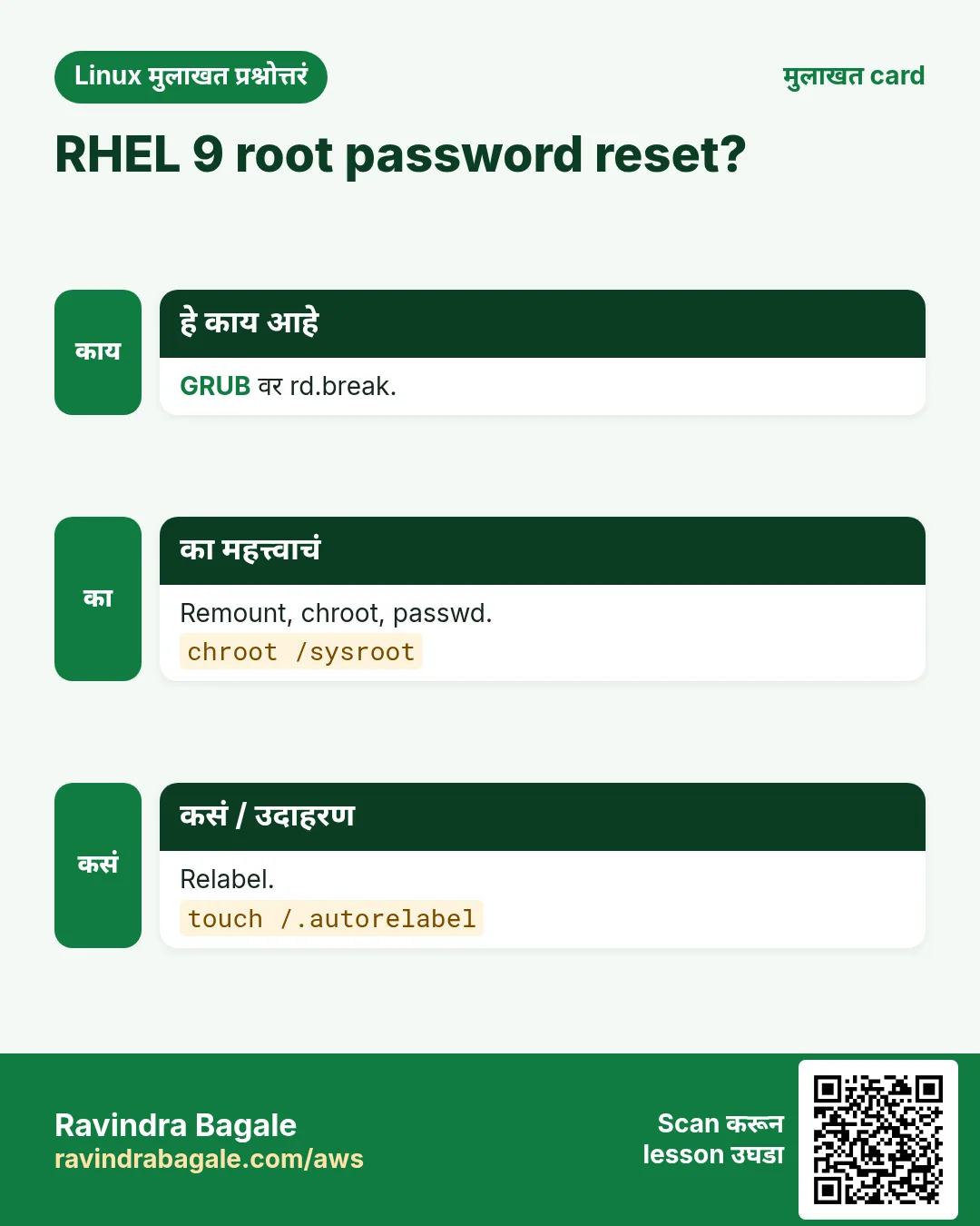 RHEL 9 root password reset?. GRUB वर rd.break. Remount, chroot, passwd. Relabel.