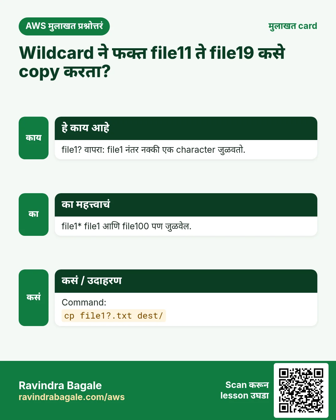 मुलाखत card: Wildcard ने फक्त file11 ते file19 कसे copy करता?. file1? वापरा: file1 नंतर नक्की एक character जुळवतो. file1* file1 आणि file100 पण जुळवेल. Command: